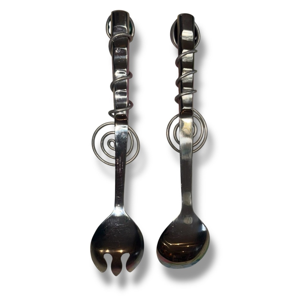 Vintage Dary Rees Large Salad Fork & Spoon w/ Spirals & Jewels 12" Stainless - Picture 6 of 6